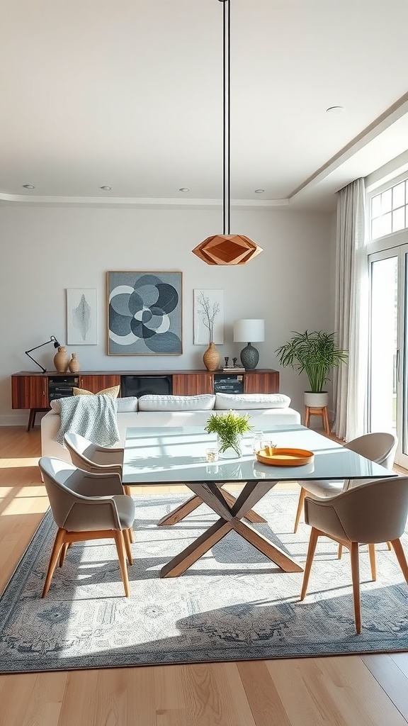 A stylish living room and dining room combo featuring a glass table, modern chairs, and decorative elements.