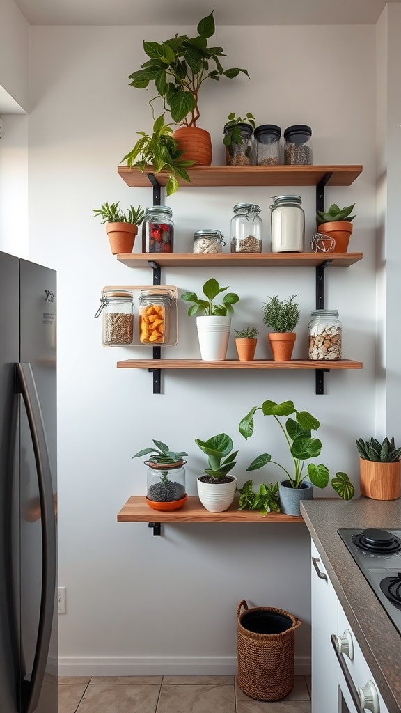 Open shelves in a kitchen displaying plants and jars for organized storage.