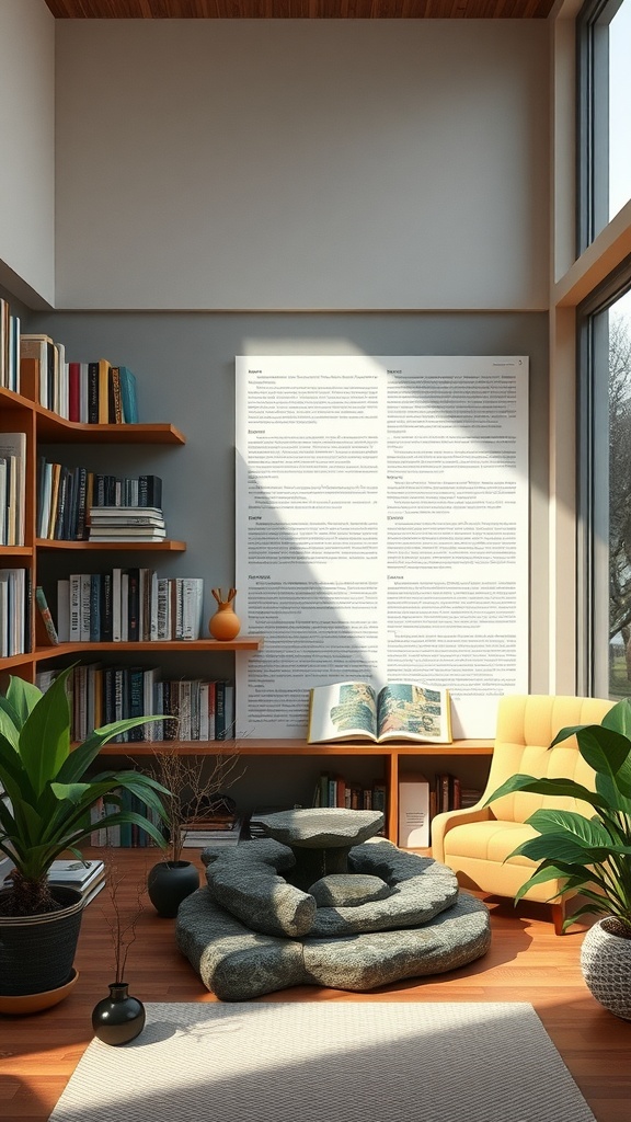 A cozy reading room featuring a stone arrangement, bookshelves, plants, and a yellow armchair.
