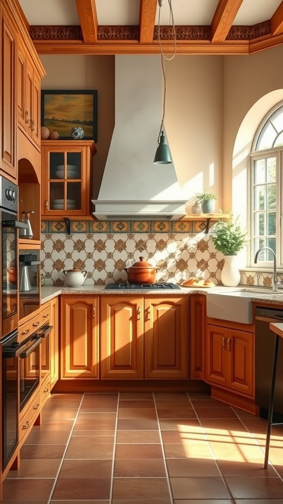 A cozy Mediterranean-inspired kitchen with wooden cabinetry and bright natural light