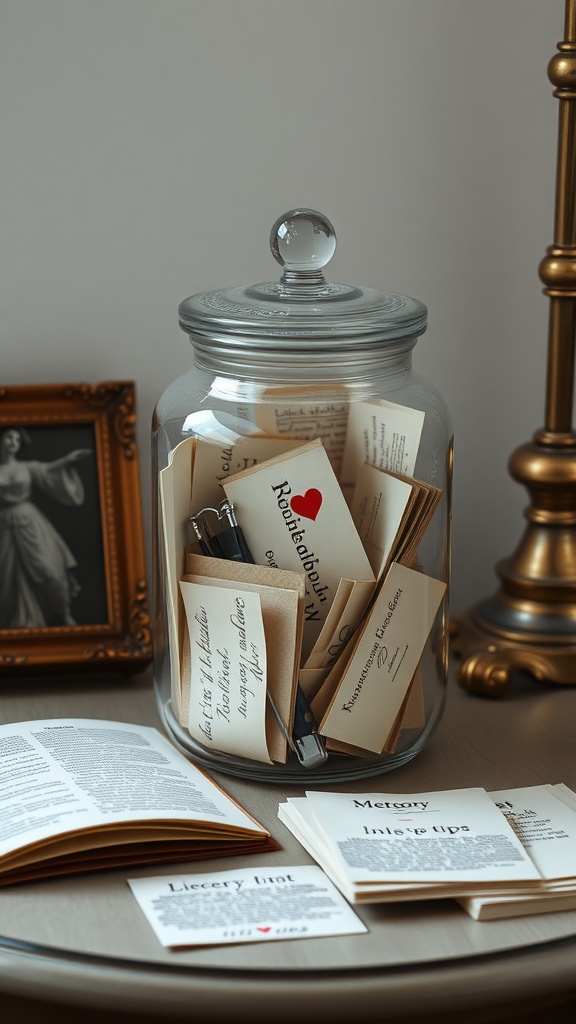 A glass jar filled with colorful notes and keepsakes, alongside a small stack of books and a framed photo.