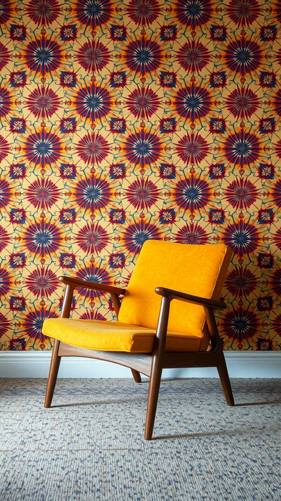 A vibrant mid-century modern chair with a yellow cushion against a colorful patterned wall.