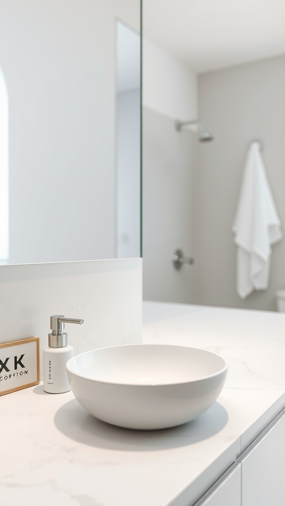 A minimalist bathroom featuring a round white basin, sleek soap dispenser, and a wooden sign on a marble countertop.