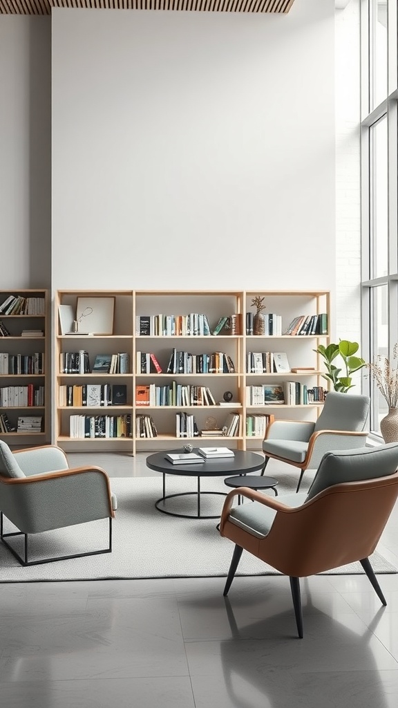 A minimalist reading room featuring sleek chairs and a wooden bookshelf filled with books.