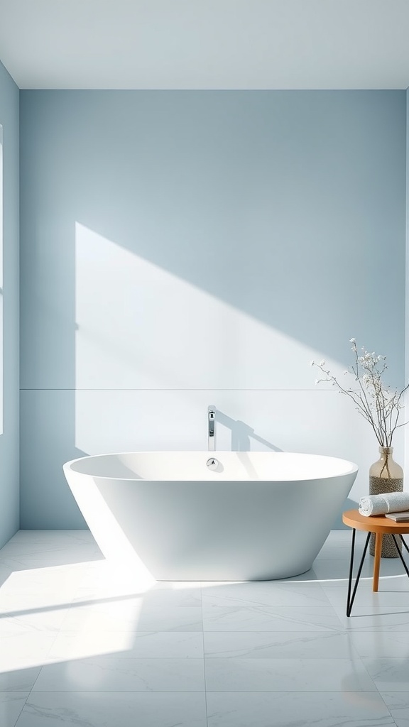 A minimalist bathroom with a freestanding white bathtub, soft blue walls, and natural light