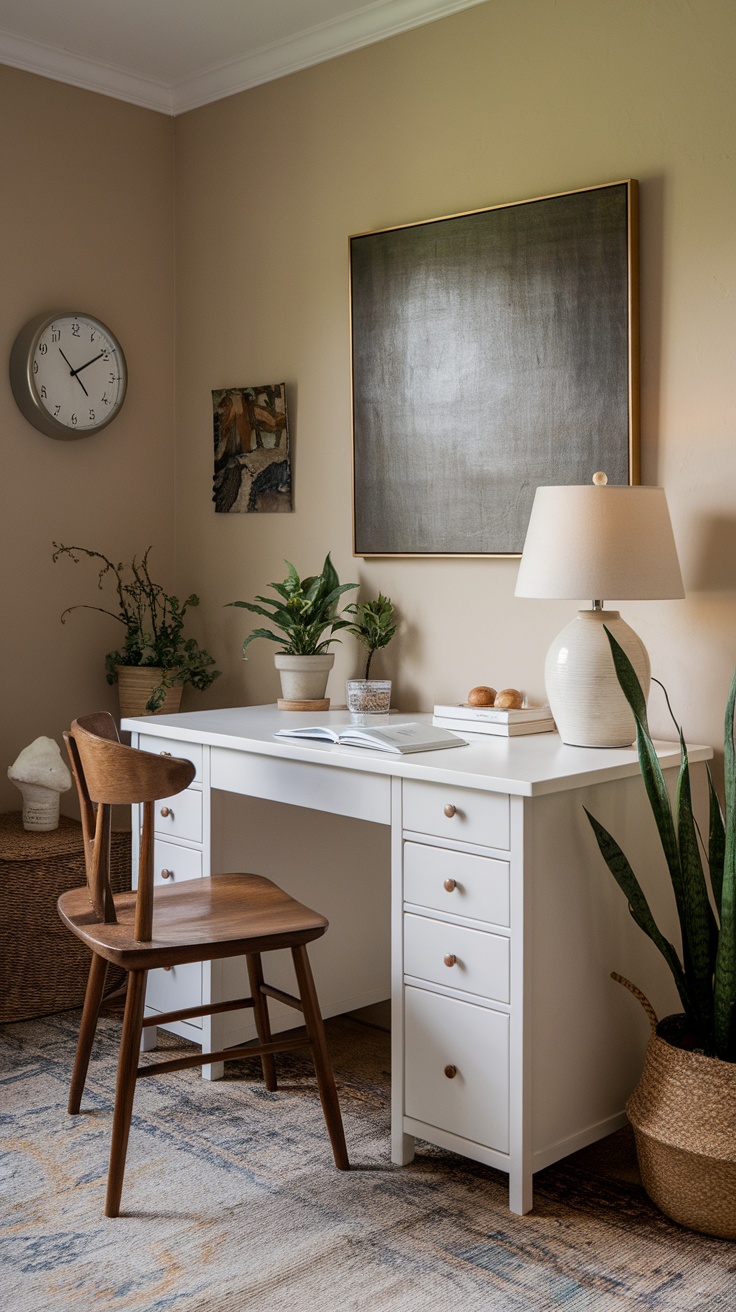 A minimalist white desk space featuring a white desk, wooden chair, and natural light from a window.