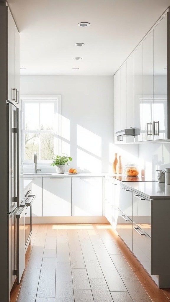 A bright kitchen featuring minimalist white shaker cabinets with wooden flooring.