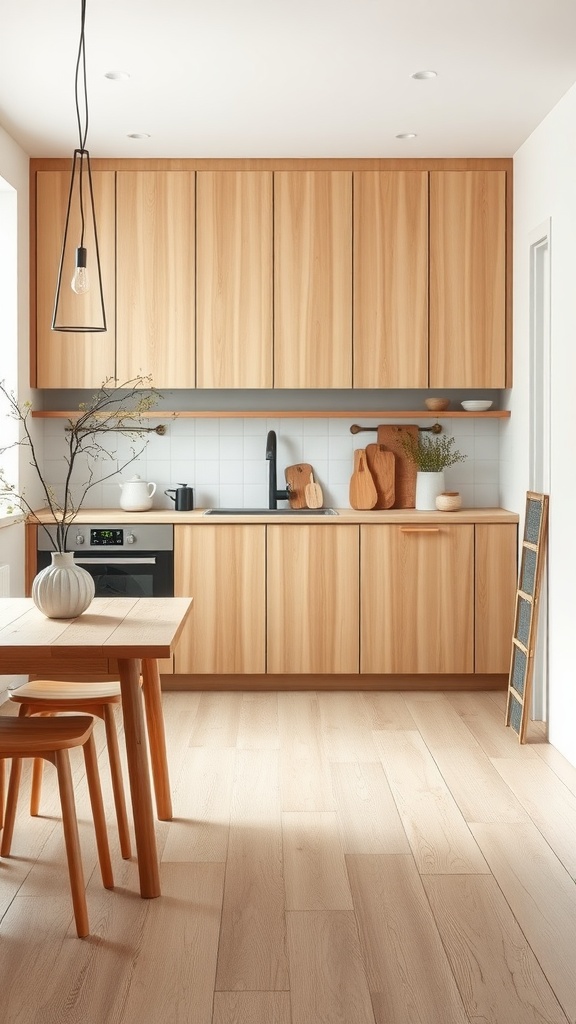 A minimalist Scandinavian kitchen featuring light wood accents in cabinetry and furniture.