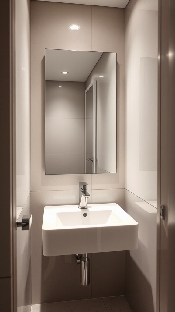 A modern small bathroom featuring a mirrored cabinet above a sleek sink, showcasing a minimalist design.