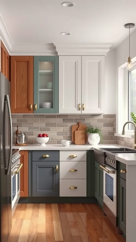 A kitchen with a mix of cabinet styles, featuring orange, teal, white, and gray cabinets.