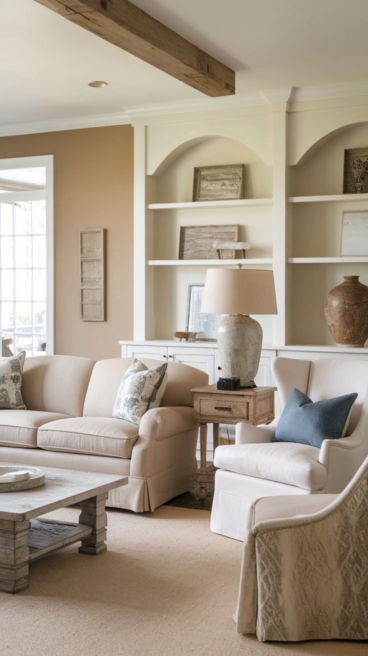 A bright farmhouse living room with mixed furniture styles, featuring two sofas, a wooden coffee table, and a cozy atmosphere.
