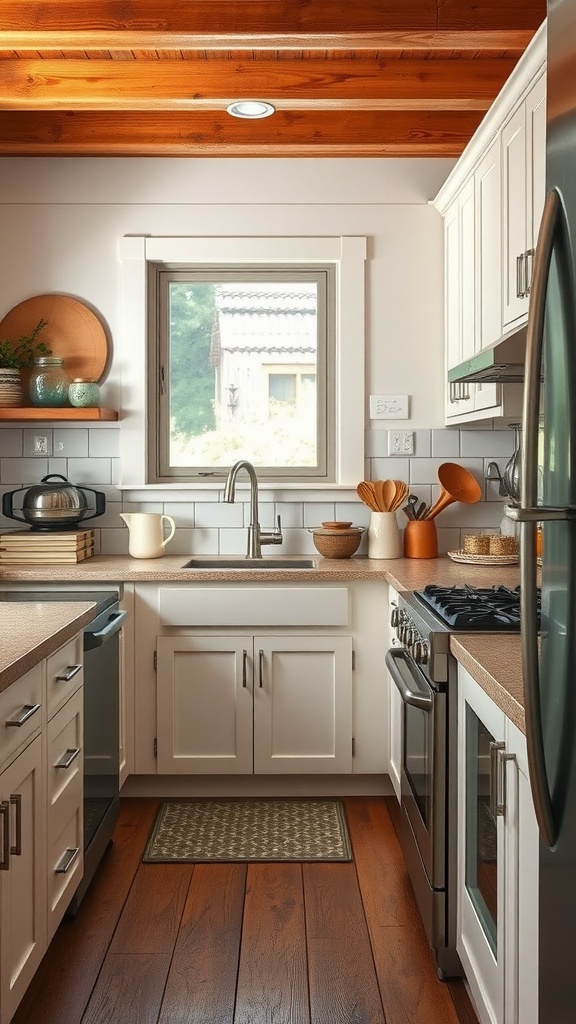 A modern farmhouse kitchen featuring a mix of vintage and modern appliances, white cabinetry, wooden accents, and natural light.