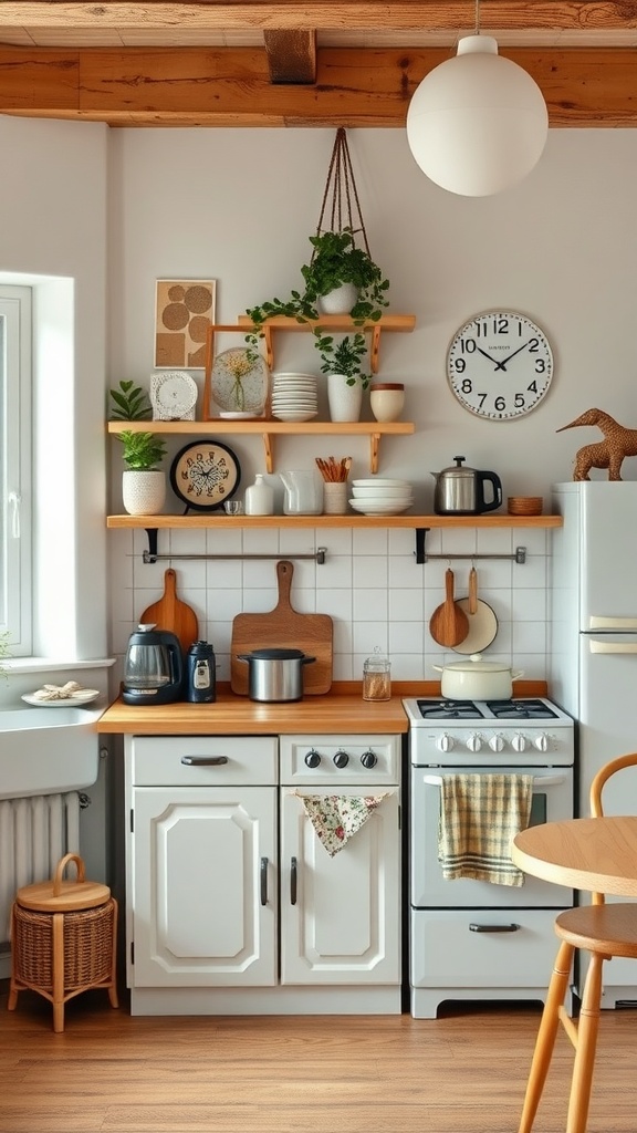 A cozy kitchen featuring a mix of vintage and modern design elements, with wooden beams, open shelving, and stylish appliances.
