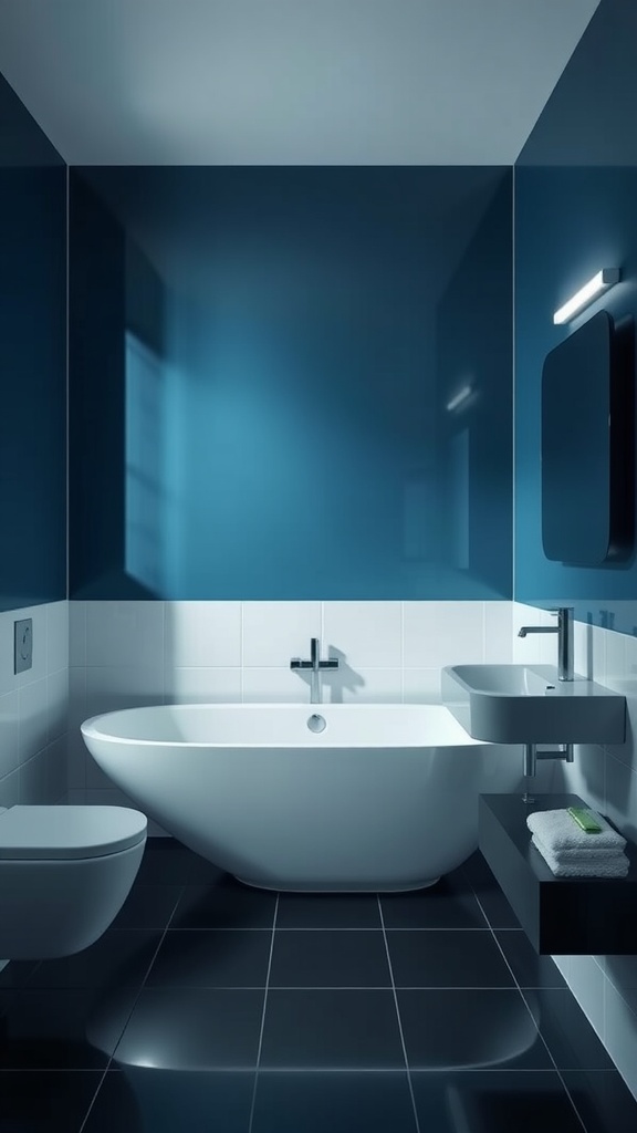 A modern bathroom featuring deep blue walls, a white oval bathtub, and sleek fixtures.