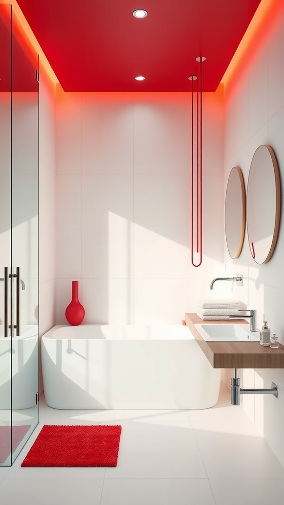 A modern bathroom featuring a scarlet ceiling, white bathtub, wooden countertop, and red accents.