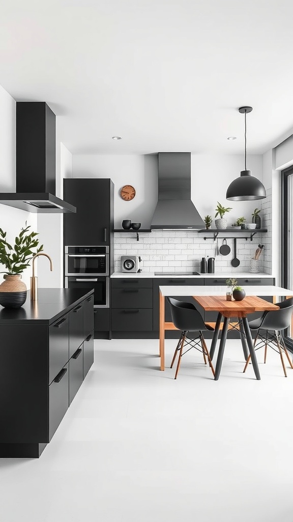 A modern Scandinavian kitchen featuring a monochrome color scheme with black cabinetry, white walls, and wooden accents.