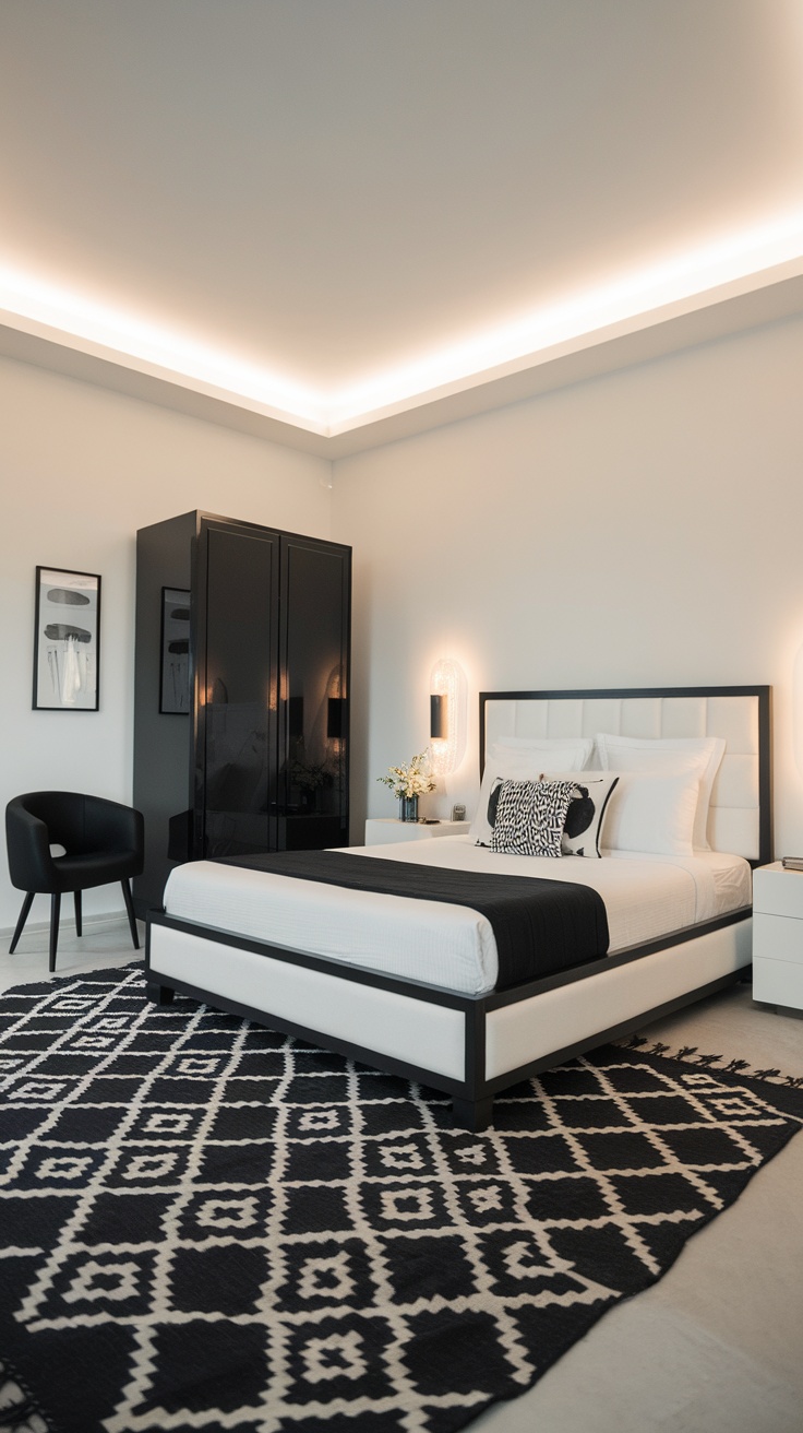 A minimalist bedroom featuring a monochrome color scheme with bold wall art and stylish furnishings.