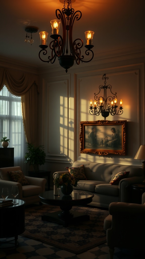 Elegant moody lighting fixtures in a dark boho living room, creating a warm and inviting atmosphere.
