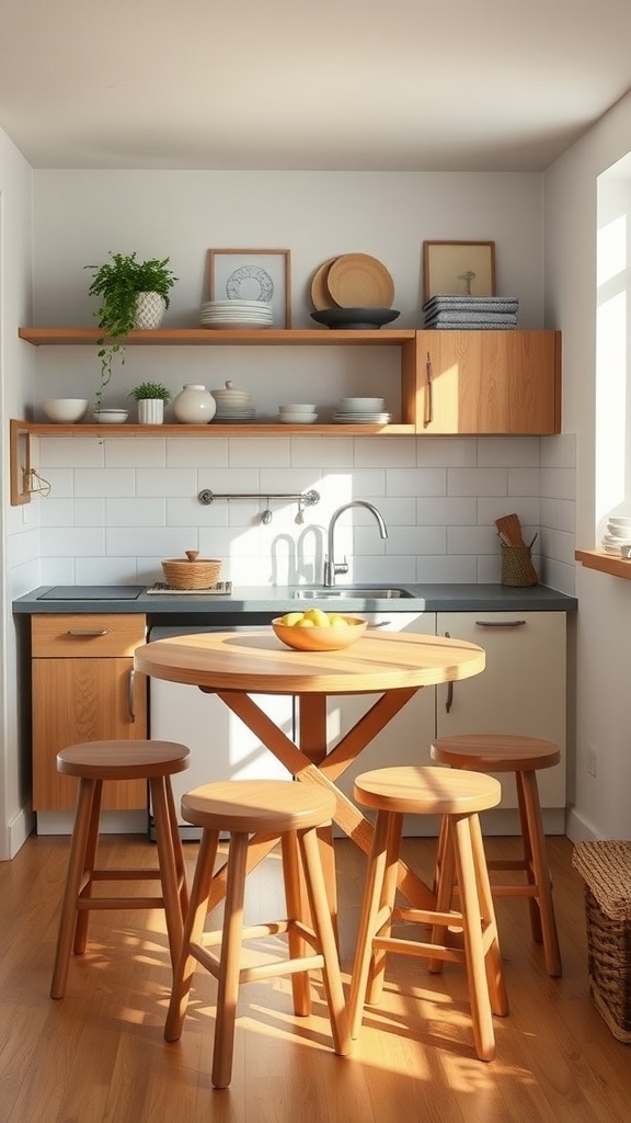A small kitchen with a round table surrounded by stools, featuring open shelves with dishware and plants.