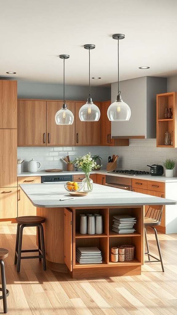Modern farmhouse kitchen featuring a multi-functional island with storage, seating, and pendant lighting.