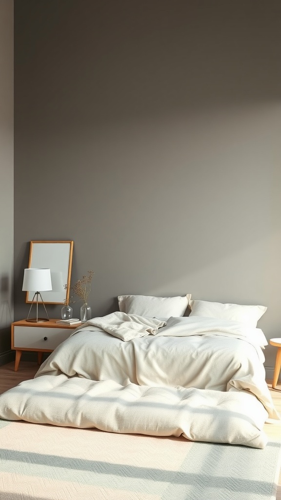 A minimalist bedroom featuring a muted color palette with beige and gray tones.