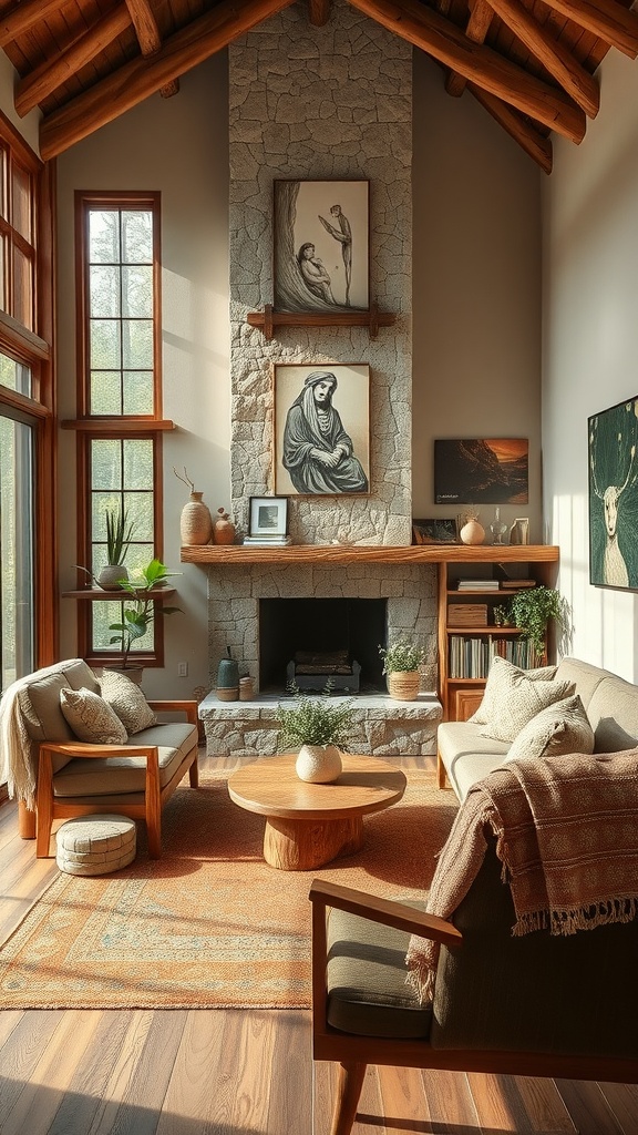 A cozy living room featuring a stone fireplace, wooden beams, plush sofas, plants, and natural decor elements.
