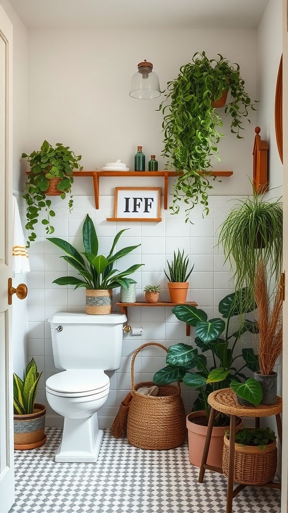 Cozy farmhouse bathroom with various plants and rustic decor.
