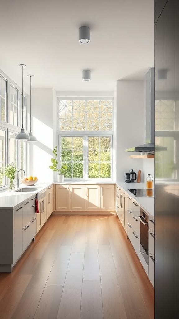 Bright Scandinavian kitchen with large windows and natural light