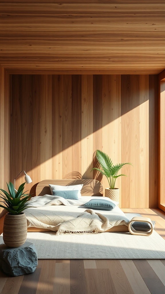 A minimalist bedroom design featuring wooden walls, a cozy bed, and indoor plants.