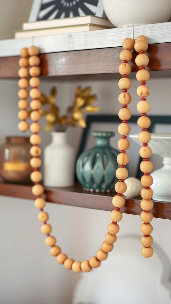 Natural wood bead garland displayed on a shelf with decor items
