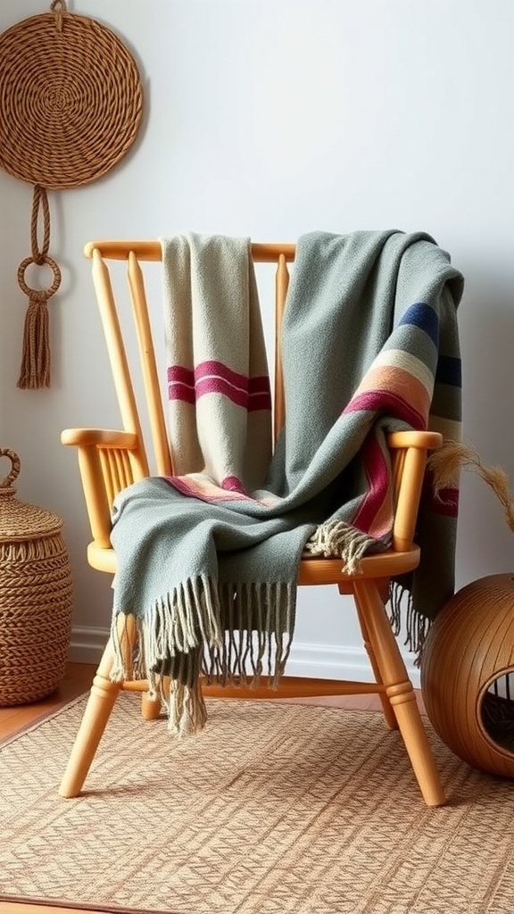 A cozy natural wood slat chair with blankets draped over it, surrounded by boho decor.