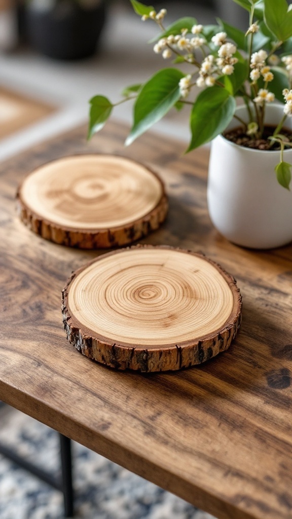 Natural wood slice coasters on a wooden table with a plant in a pot.