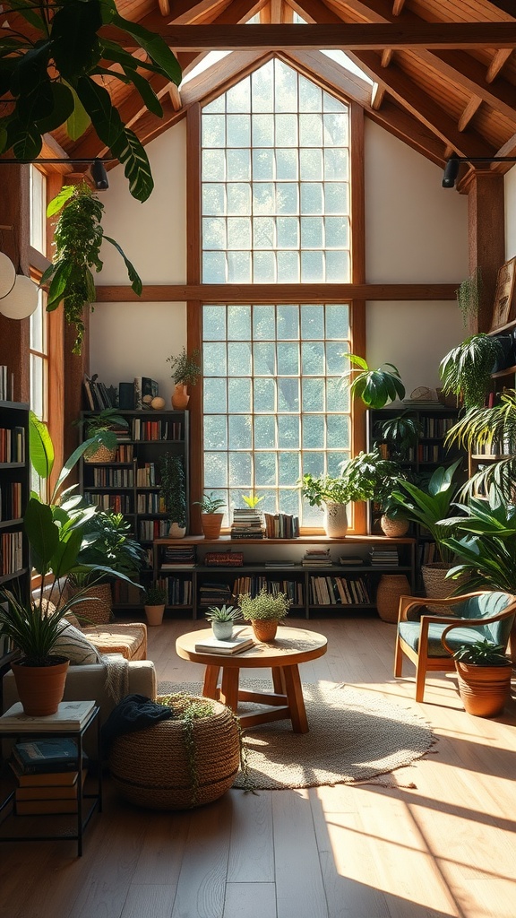 A bright reading room filled with plants, natural light, and warm wooden features.
