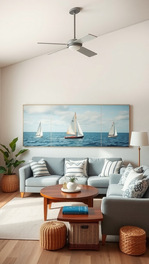 Living room with nautical-inspired wall art of sailboats on the ocean