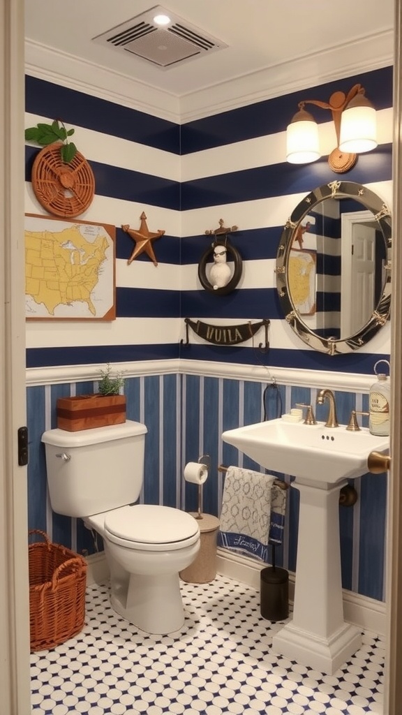 A nautical-themed bathroom with navy and white striped walls, round mirror, starfish decor, and patterned flooring.