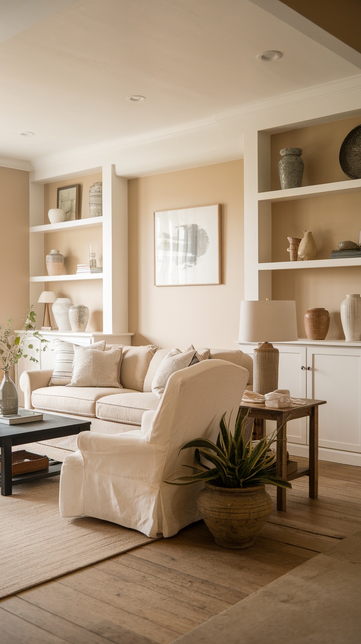 A cozy farmhouse living room with a neutral color palette featuring light-toned furniture, plants, and a woven rug.