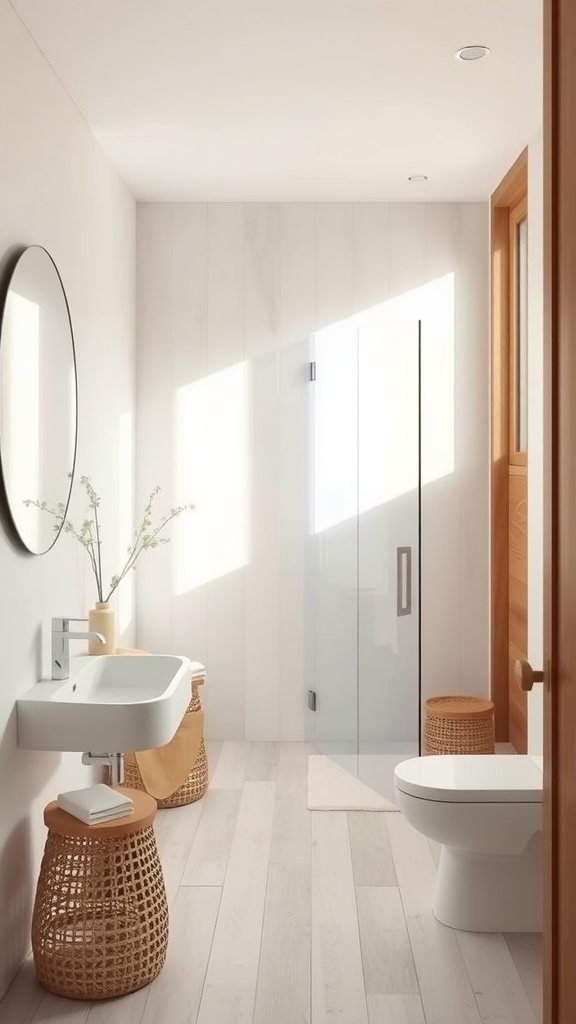 A serene farmhouse bathroom featuring a neutral color palette with wooden accents and natural light.