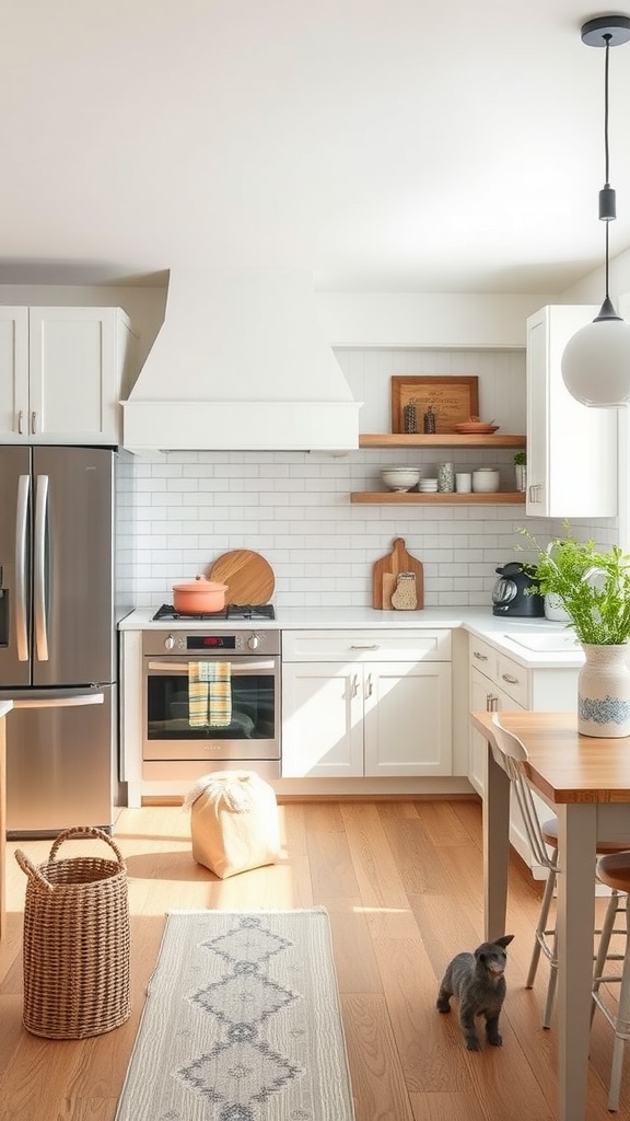 A modern farmhouse kitchen featuring a neutral color scheme with bold accents, showcasing an inviting atmosphere with natural light.