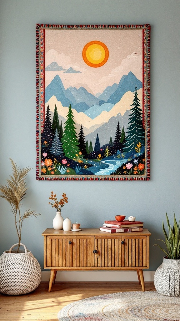 Colorful fabric wall art depicting a mountain scene with a sun and trees.