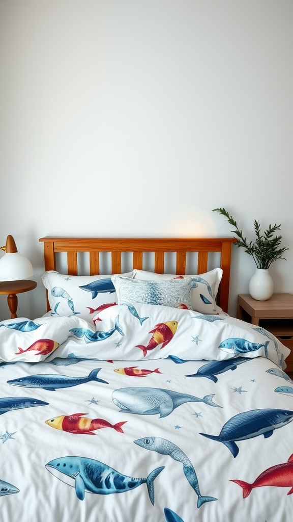 Coastal bedding featuring colorful fish patterns on a comfortable bed.