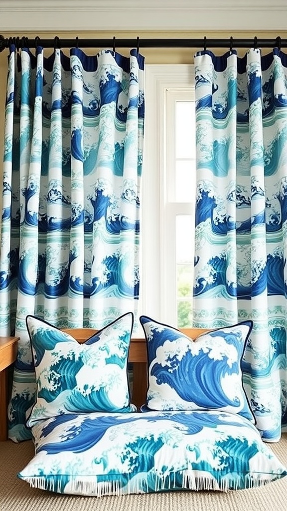 Curtains and cushions with ocean wave patterns in blue and white