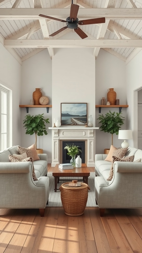 Cozy farmhouse living room with gray sofas, wooden furniture, and plants
