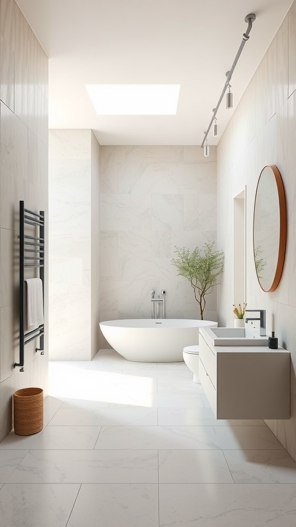 A spacious, open-concept bathroom with a freestanding tub, neutral tones, and a skylight.