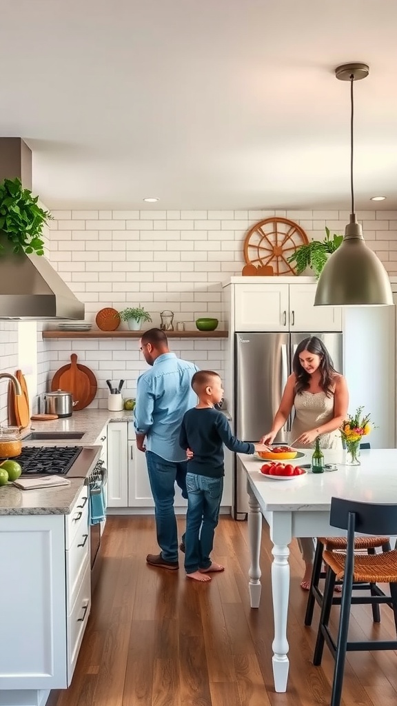 Family interacting in a modern farmhouse kitchen with an open concept layout