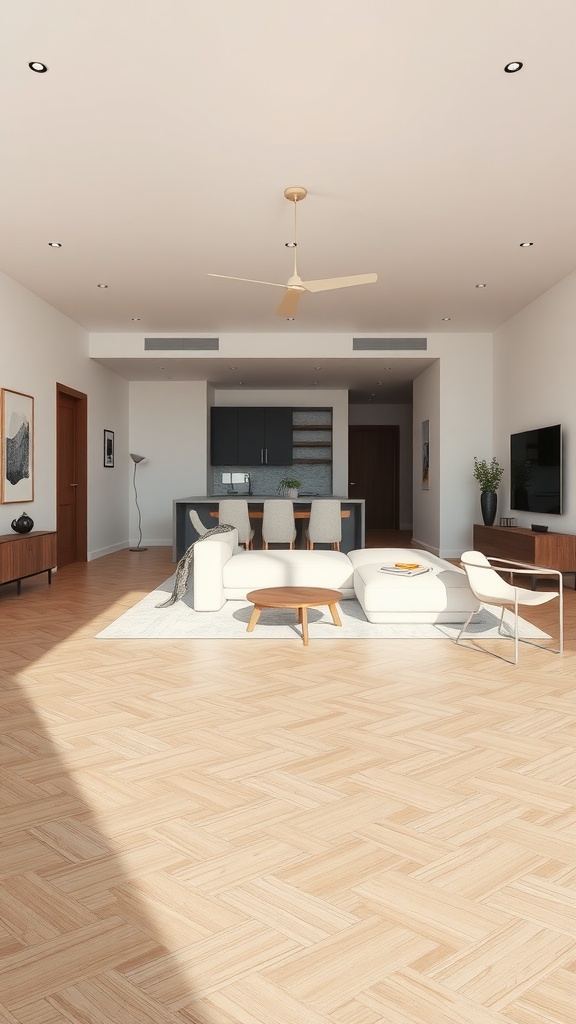 A modern open concept living room and dining area with stylish furniture and natural light.