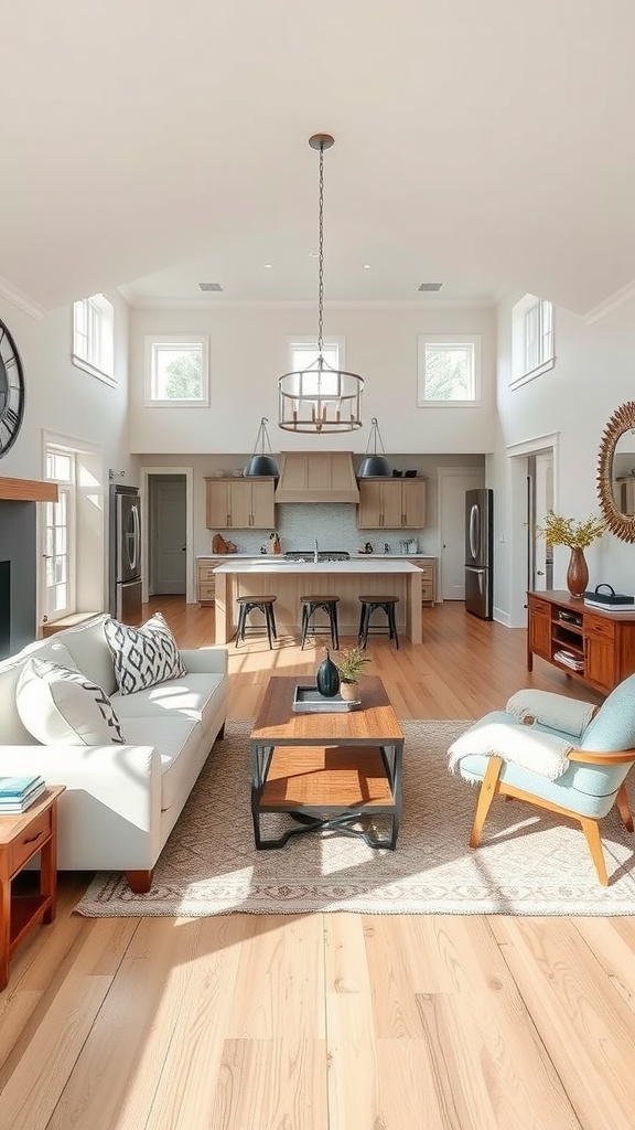 A bright, airy farmhouse living room with an open floor plan connecting to the kitchen.