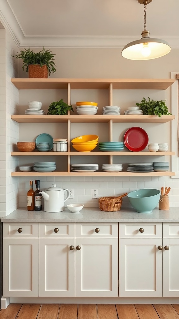 Open shelving in a kitchen showcasing colorful dishes and plants