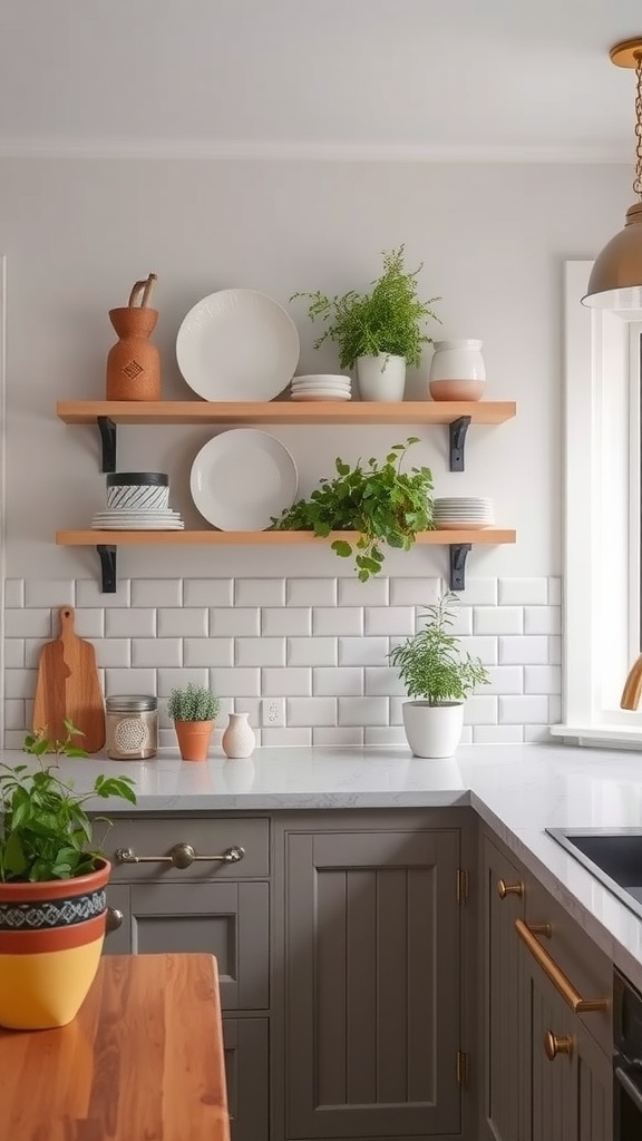 An organized kitchen with open shelving displaying plates and plants.