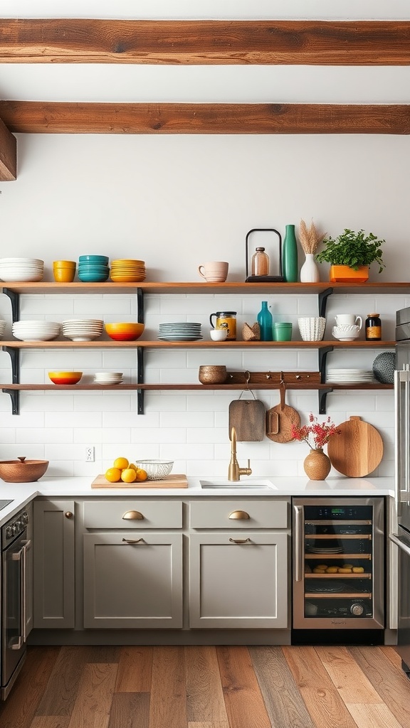 Modern farmhouse kitchen with open shelving displaying colorful dishware and decorative items