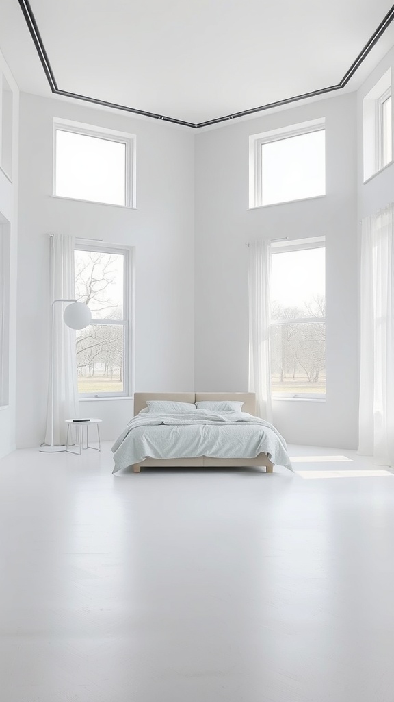 Minimalist bedroom with large windows and simple decor